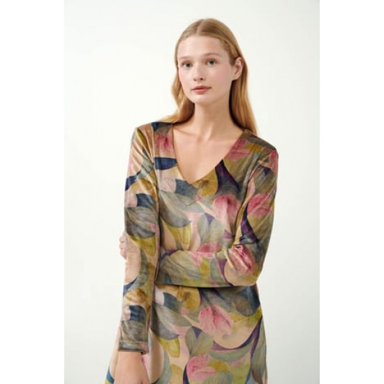 Vamp - Φόρεμα Velvet Protea Floral Lounge Dress beige 21135